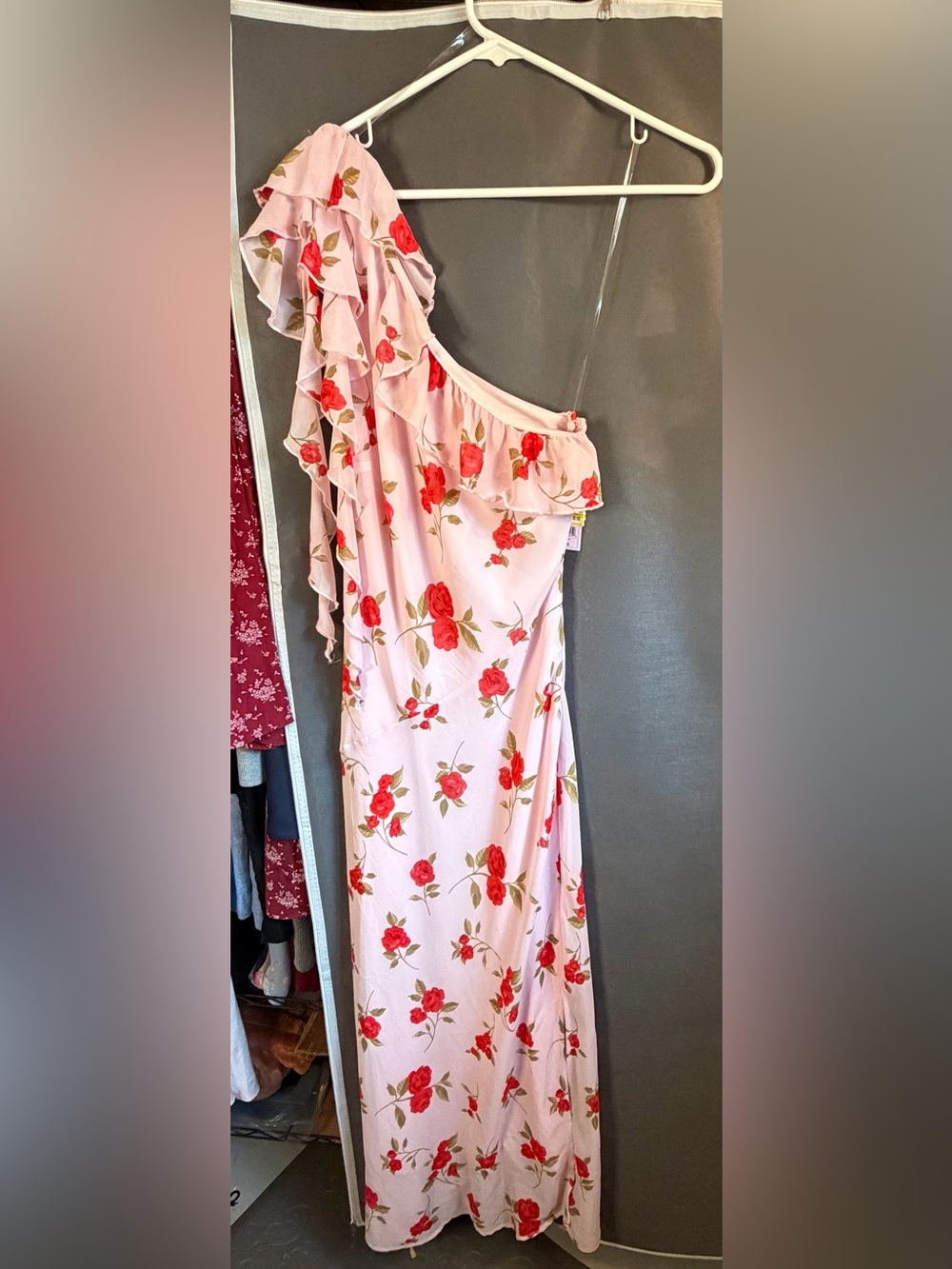 wild fable One-Shoulder Pink Dress with Red Floral Ruffle Size XS